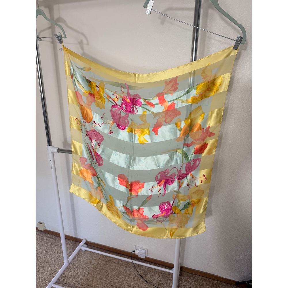 Valentino Silk Scarf Floral Lily Print Yellow Blue Made in Italy Square Scarf - Picture 2 of 6